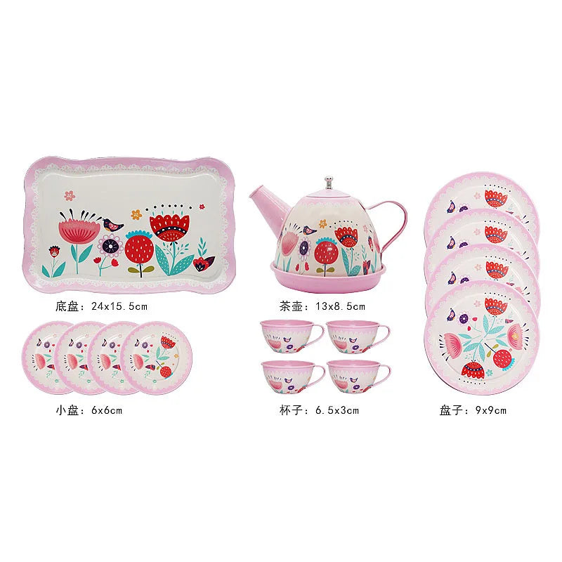 A pink metal pretend play tea set for kids including a teapot, saucers, and cups.