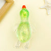 A bright green, glittery duck squeeze toy with an orange beak and translucent wings.