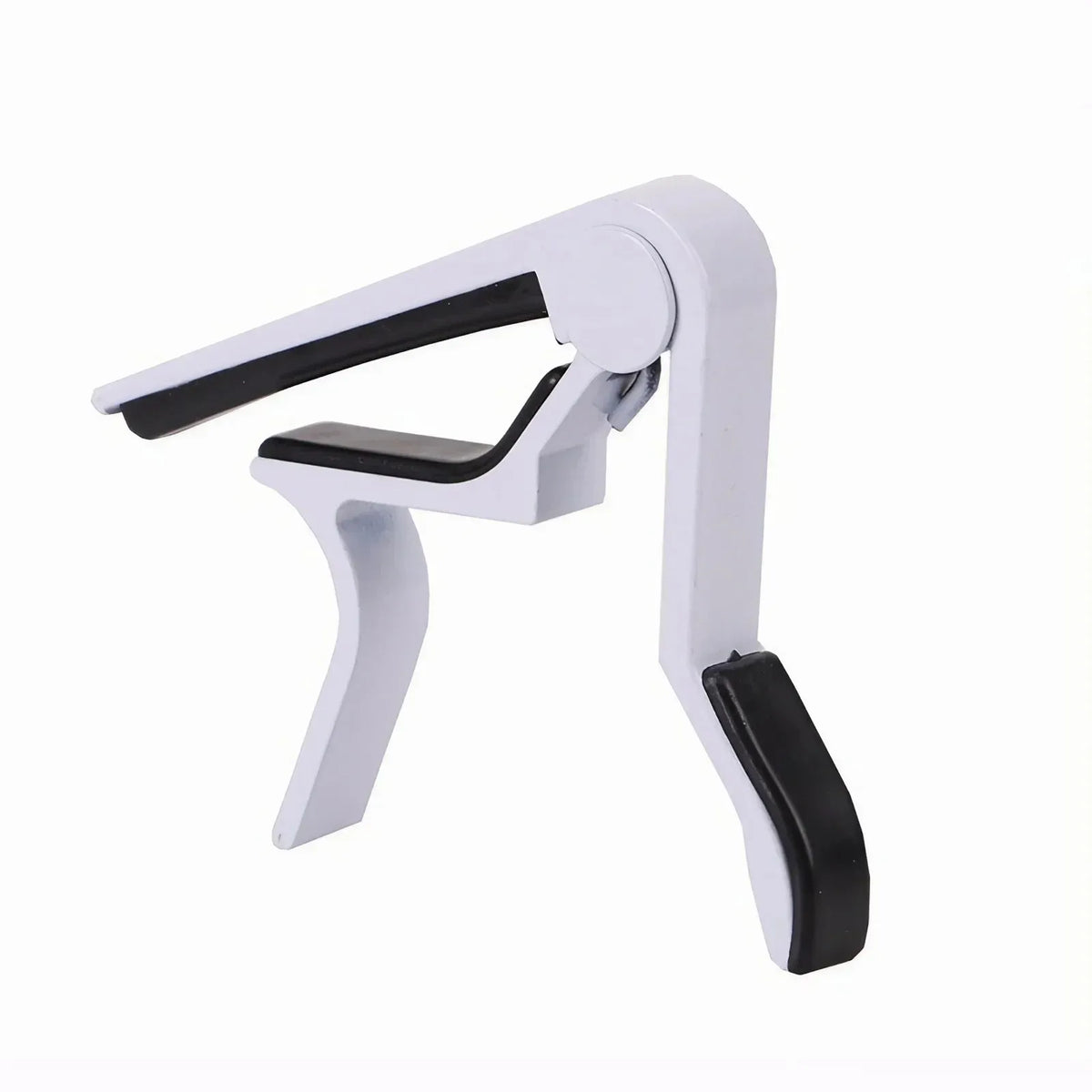 A white aluminum alloy quick-change guitar capo with a black grip and adjustable clamp.