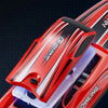 Close-up of a red high-speed brushless RC racing boat with sealing structure details.
