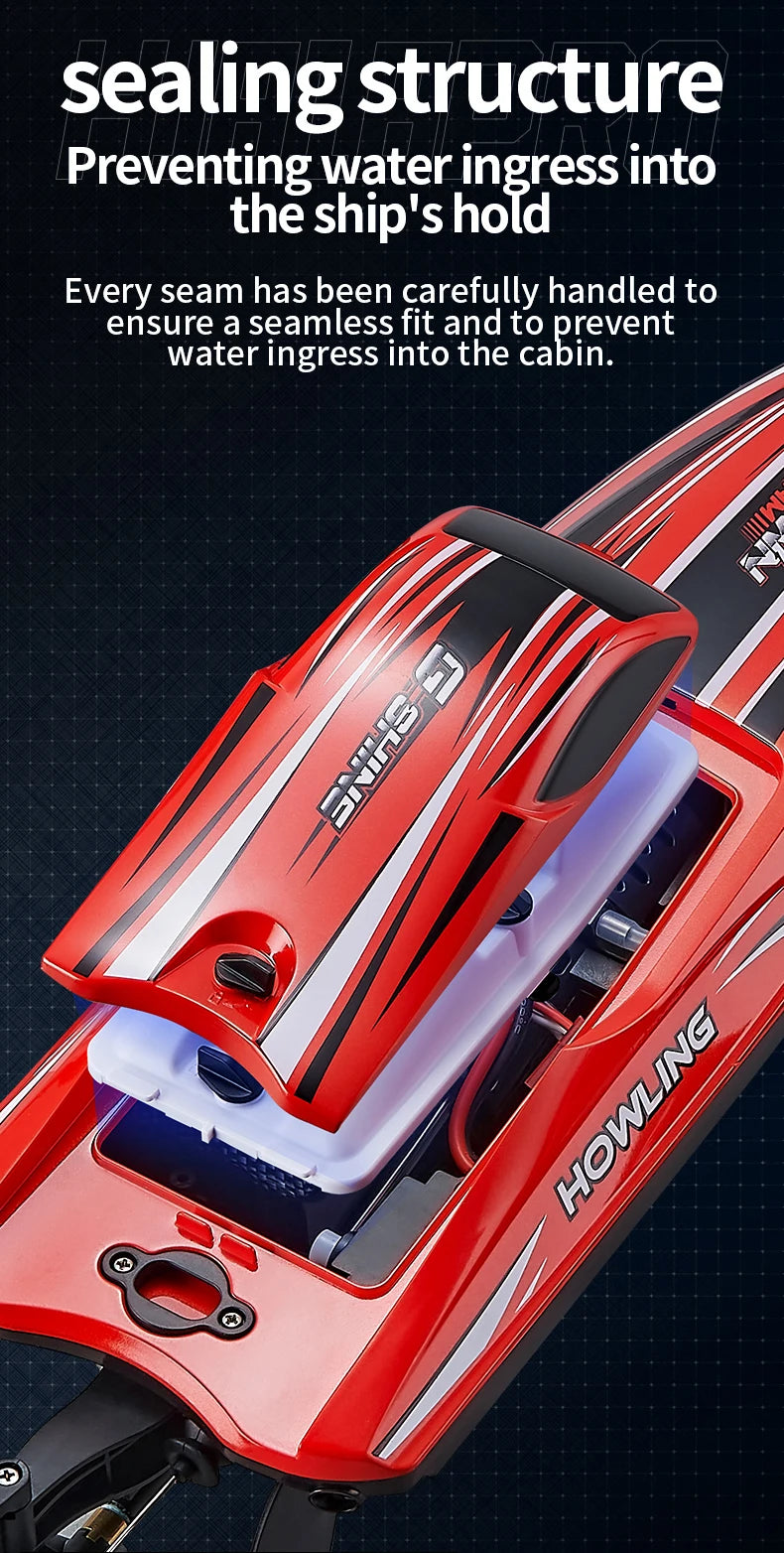 Close-up of a red high-speed brushless RC racing boat with sealing structure details.