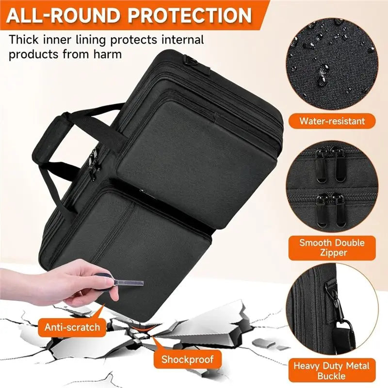 Black padded DJ controller case showing features like inner lining protection, water resistance, and anti-scratch durability.