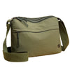 Olive green floral canvas tote bag with multiple zippered pockets and a matching strap