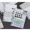 A collection of patterned stickers and photocards featuring various colors, stars, hearts, and calendar layouts for crafting.