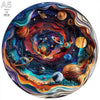 A jigsaw puzzle depicting a vibrant, colorful space scene with planets and nebulas.