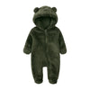 A dark olive green baby bear fleece hooded romper with a zipper.