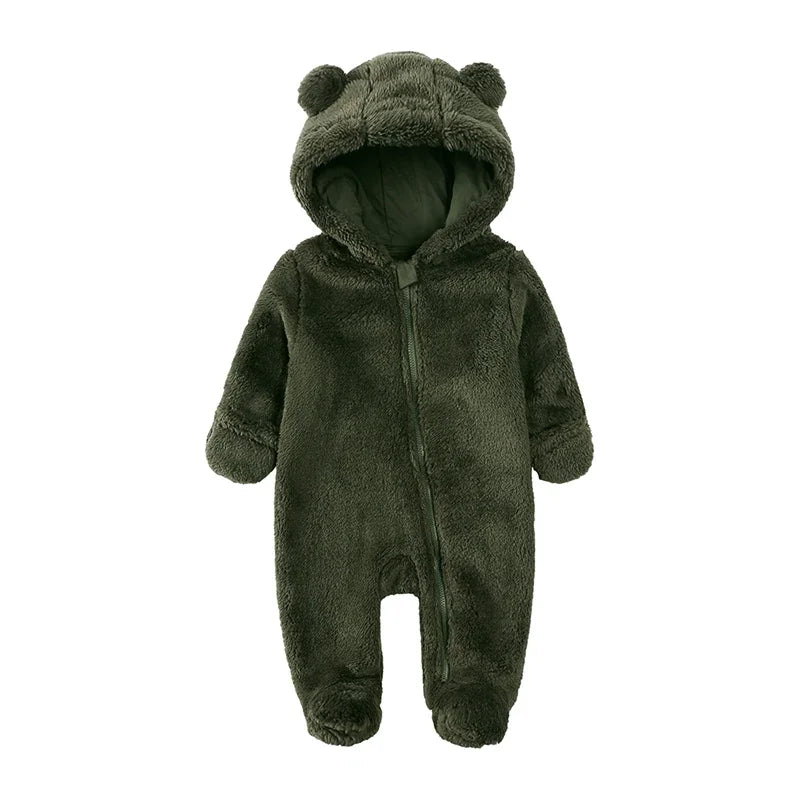 A dark olive green baby bear fleece hooded romper with a zipper.