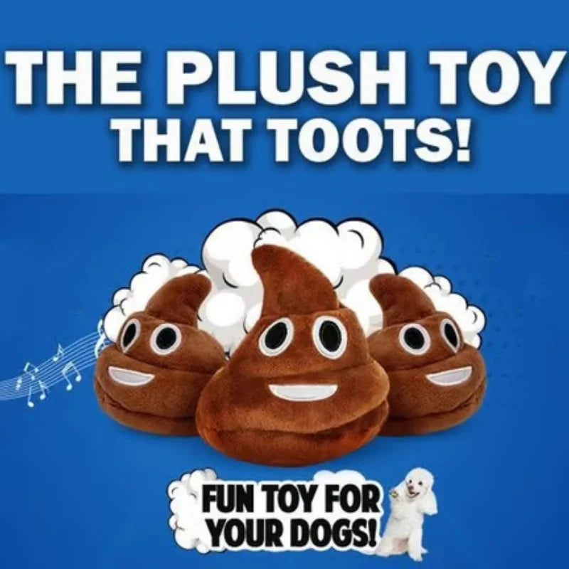 A brown plush toy shaped like a poop with a white face, surrounded by white clouds and musical notes.