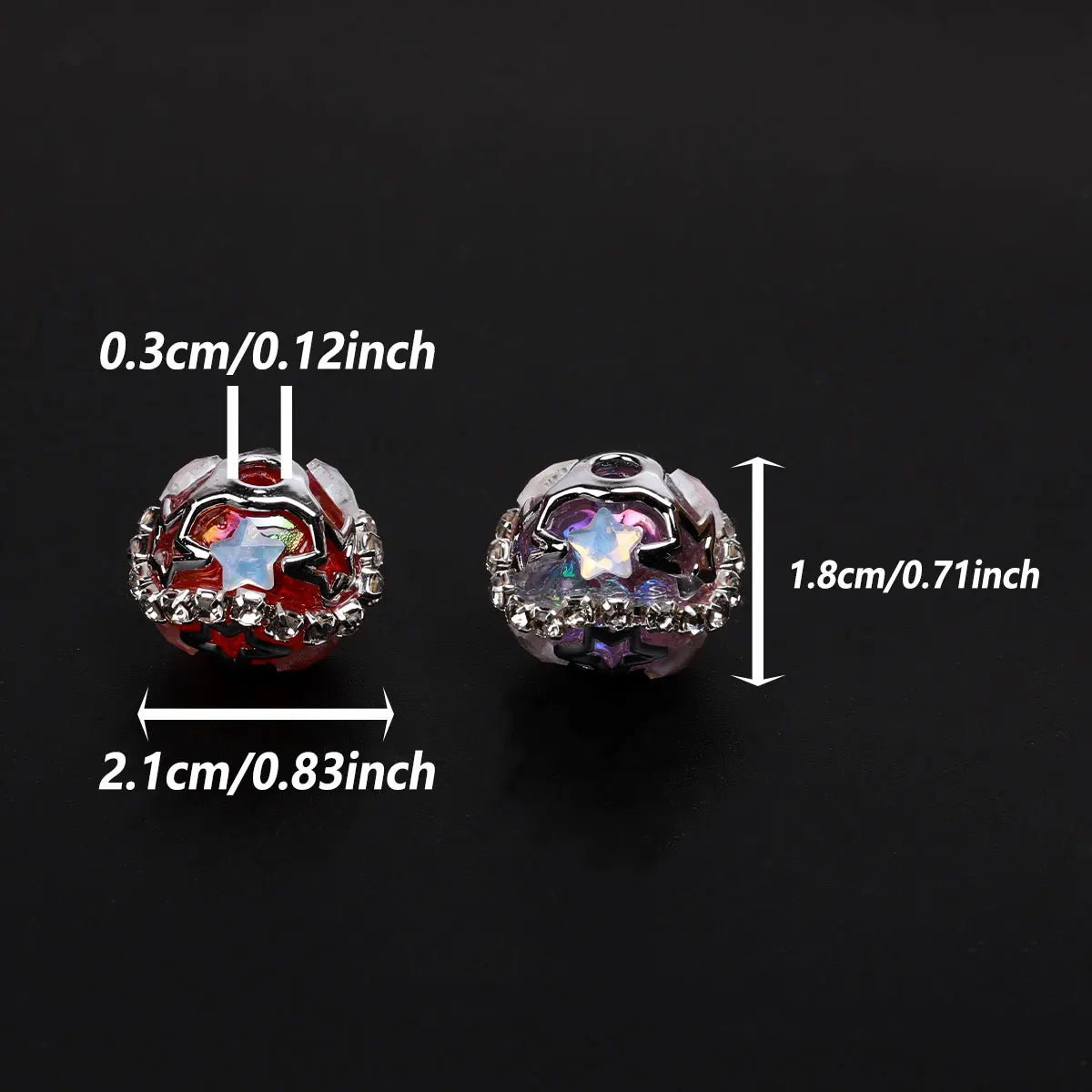 A pair of silver star rhinestone acrylic beads for jewelry making shown with dimensions.