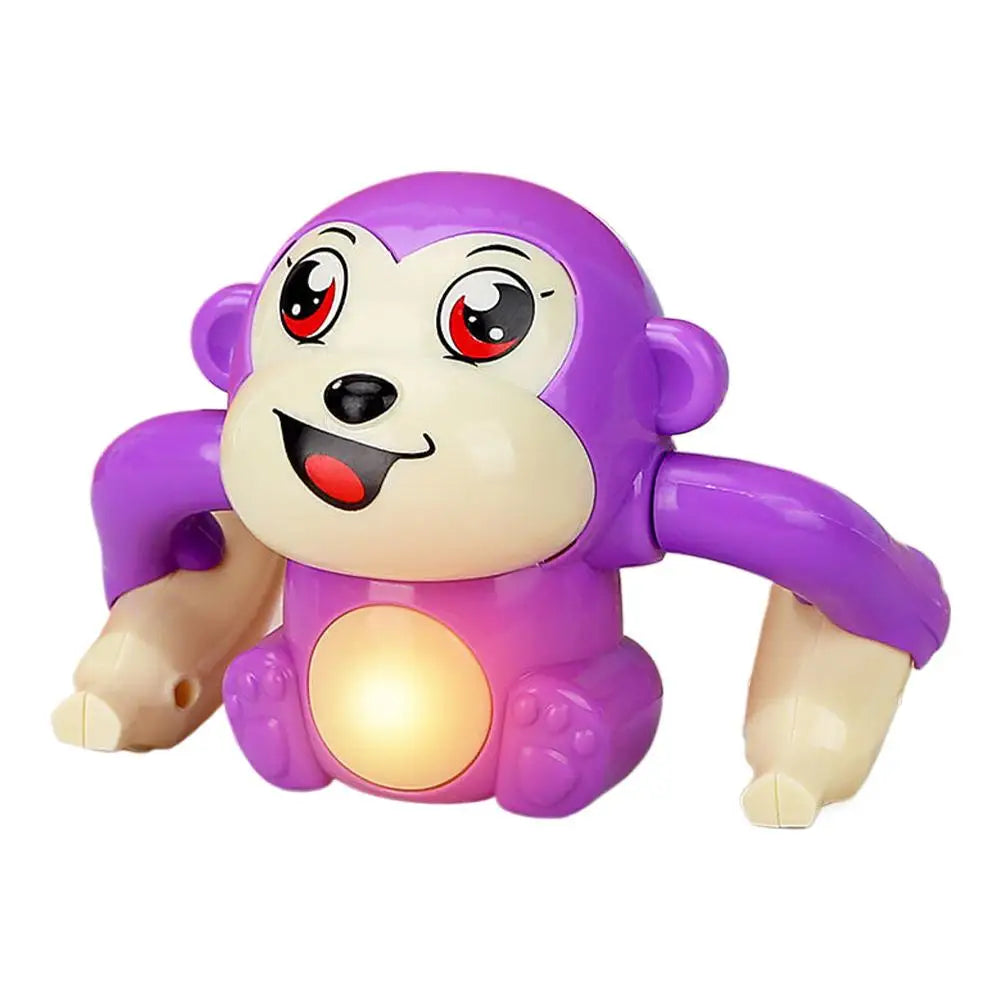 A purple interactive rolling monkey toy with large eyes and a smiling expression.