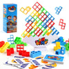A colorful game featuring 64 interlocking plastic blocks in red, yellow, and green forming a pyramid structure.