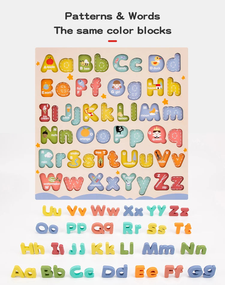 A set of wooden alphabet puzzle blocks showing patterns and words using the same color blocks.