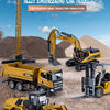 A yellow HULKA engineering car model featuring various construction vehicles including a dump truck and an excavator.