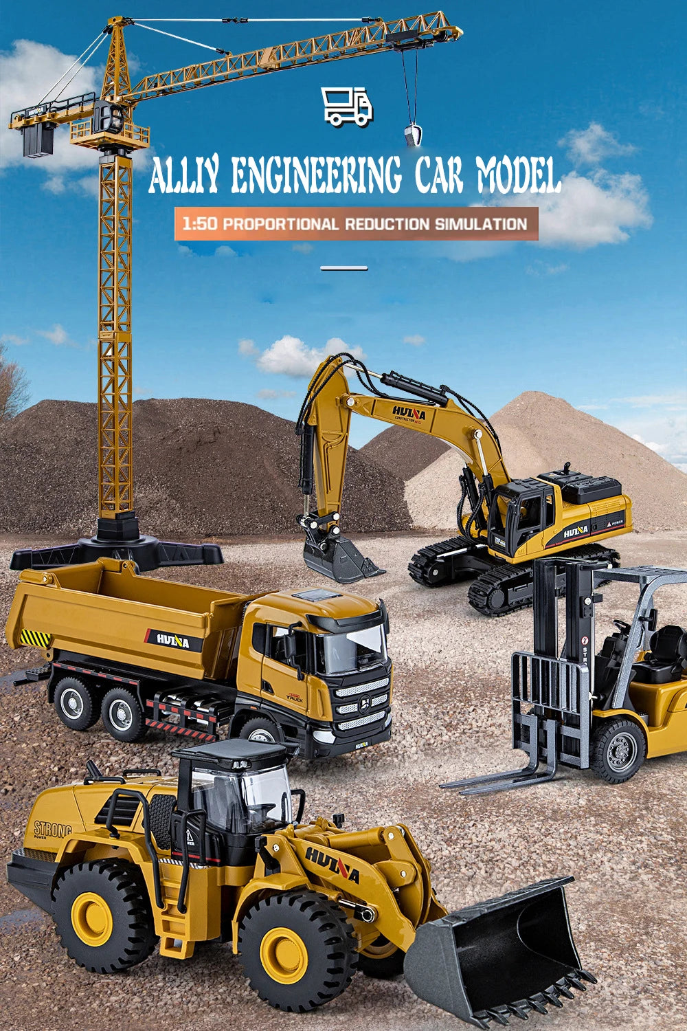 A yellow HULKA engineering car model featuring various construction vehicles including a dump truck and an excavator.