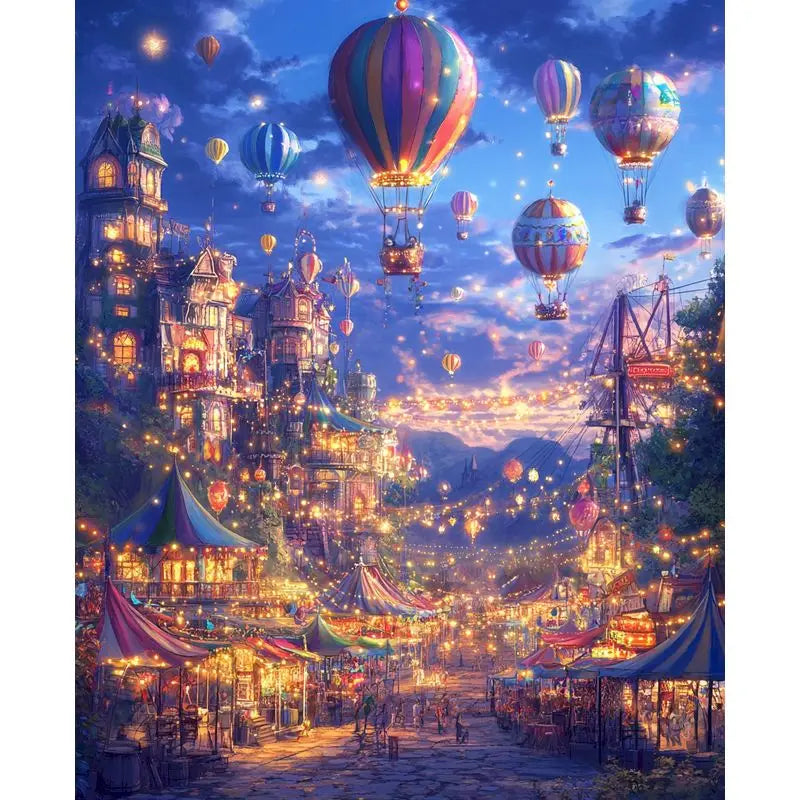 A vibrant painting of a bustling, fantastical city scene filled with colorful lanterns and hot air balloons at sunset.