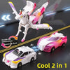 A white and pink transforming dinosaur car toy is shown in various forms, including a vehicle and a dinosaur figure.