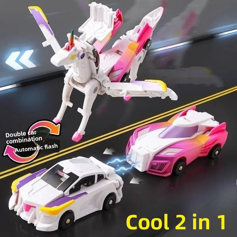 A white and pink transforming dinosaur car toy is shown in various forms, including a vehicle and a dinosaur figure.
