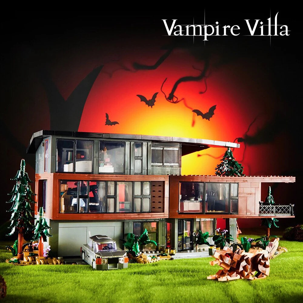 A model of a Vampire Villa building set featuring a multi-story house with dark accents and surrounding greenery.