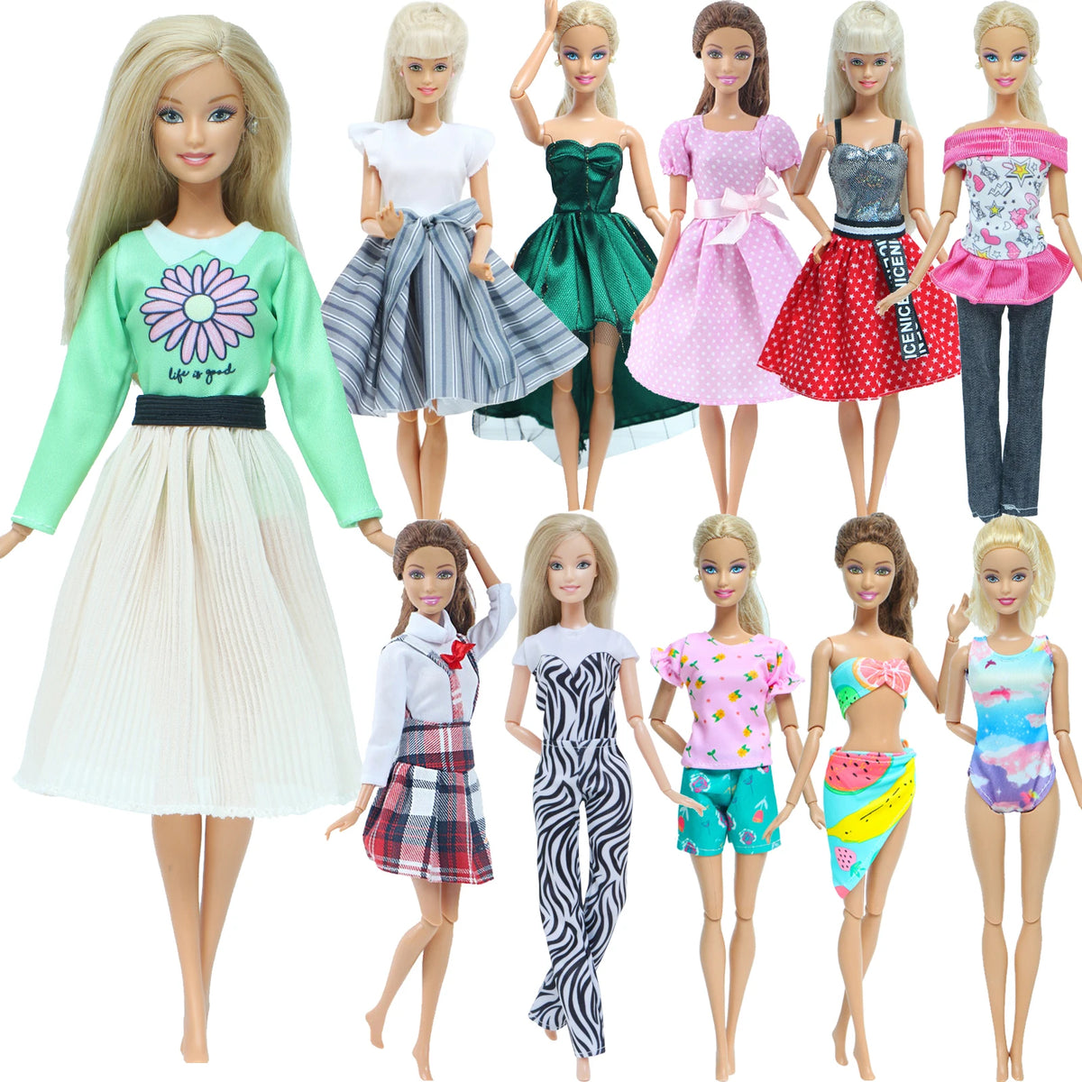 Fashion Doll Outfit Set – Wave Point Dress & Denim Grid Skirt for 11.5–12 Inch Dolls