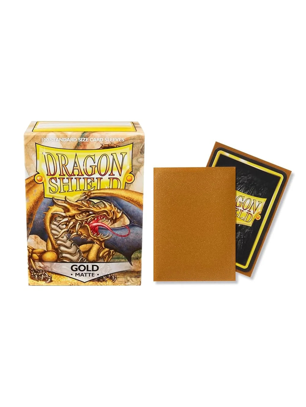 A box of Dragon Shield gold matte card sleeves next to a single gold matte card sleeve.