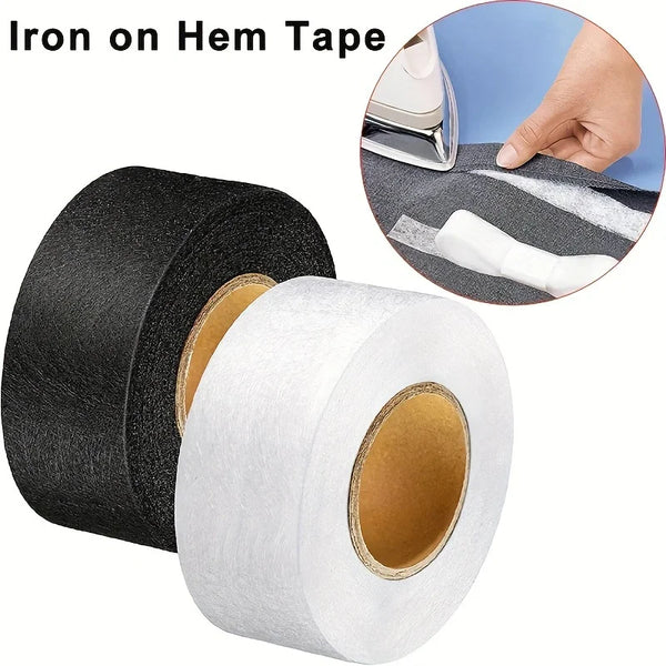 Rolls of black and white iron-on hem tape for fabric interlining