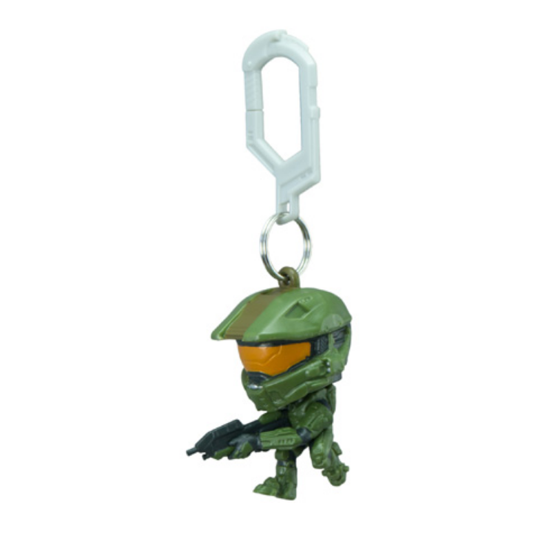 A miniature Master Chief figure keychain pendant in green armor with an orange visor.