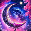 A vibrant night scene featuring a crescent moon illuminating a magical tree landscape with pink and purple light.