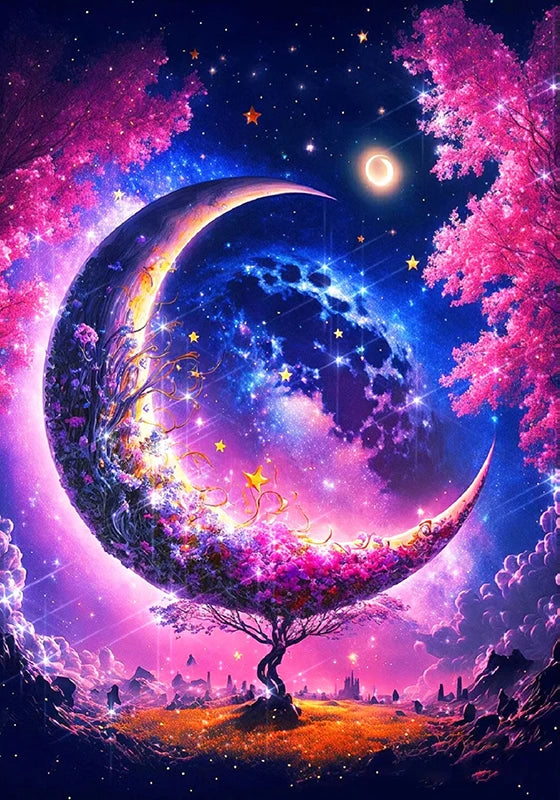 A vibrant night scene featuring a crescent moon illuminating a magical tree landscape with pink and purple light.