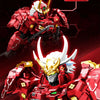 A close-up of a red and gold mecha figure, the Kai Tiger Lake Knight, in an action pose.