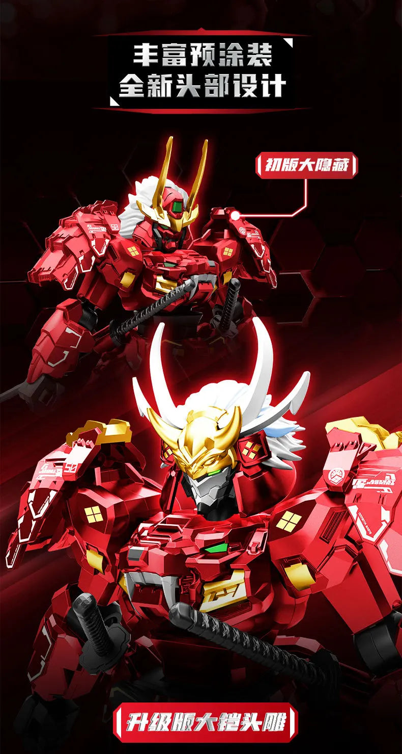 A close-up of a red and gold mecha figure, the Kai Tiger Lake Knight, in an action pose.