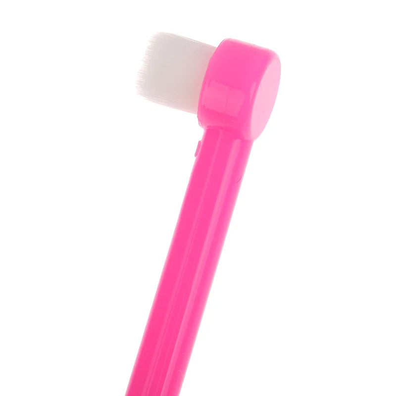 A pink orthodontic interdental brush with a white soft bristle head.