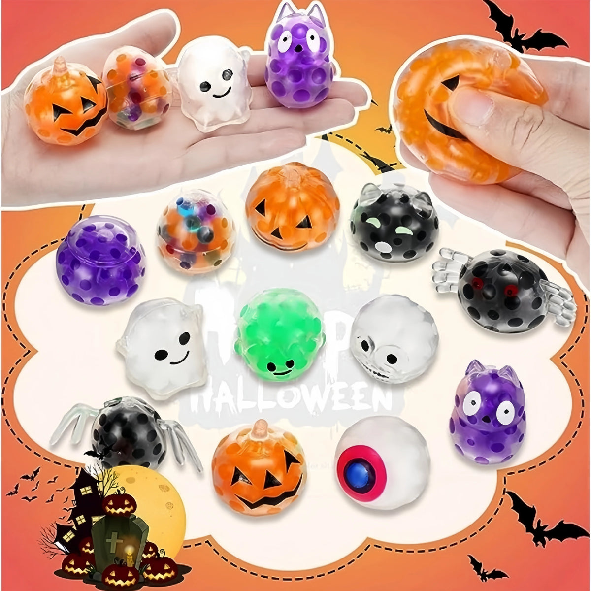 A set of five Halloween squeeze stress balls featuring various spooky characters like pumpkins, bats, and monsters.