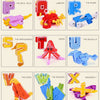 A collection of alphabet transformable robot toys featuring various animals and objects like an elephant, tiger, crab, shark,