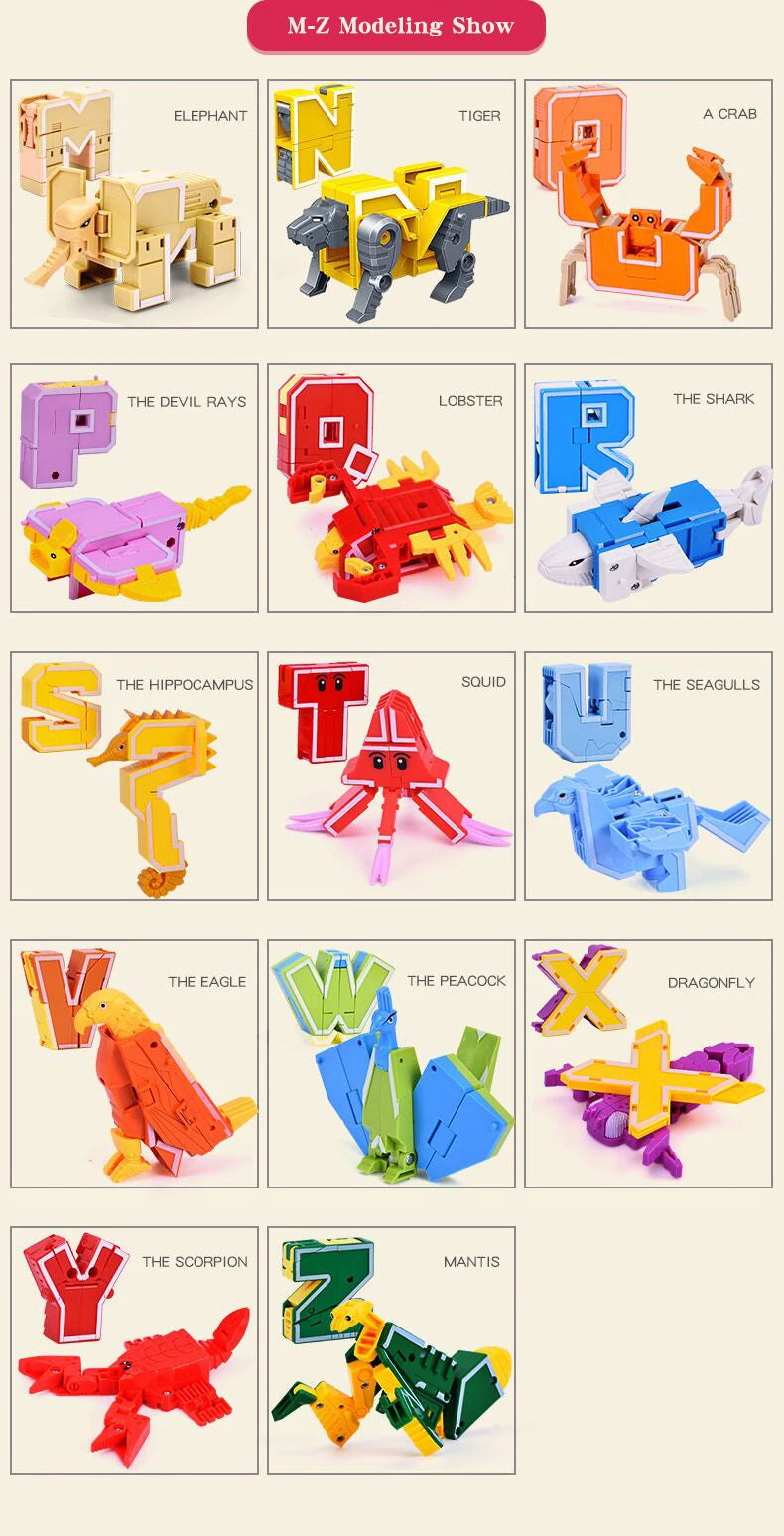 A collection of alphabet transformable robot toys featuring various animals and objects like an elephant, tiger, crab, shark,