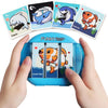A blue rotating puzzle toy with four fish cards, including a dolphin, shark, and clown fish.