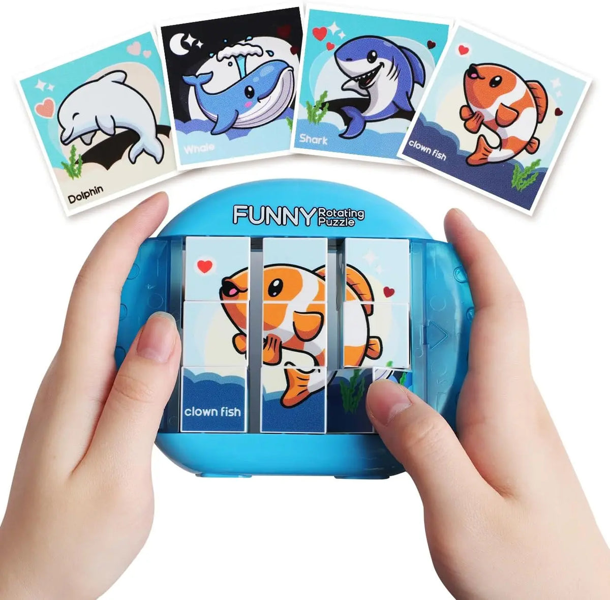 A blue rotating puzzle toy with four fish cards, including a dolphin, shark, and clown fish.