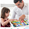 A child and adult are assembling colorful animal cartoon jigsaw puzzles on a table.