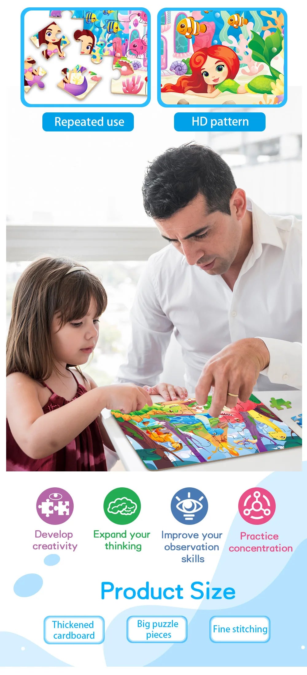 A child and adult are assembling colorful animal cartoon jigsaw puzzles on a table.