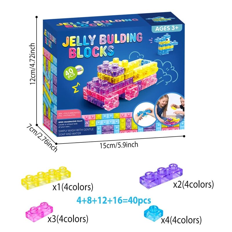 A box of Jelly Building Blocks showing various colored plastic blocks and examples of assembled pieces.