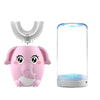 A pink elephant shaped electric toothbrush with a U-shaped head and a clear charging base emitting blue light.