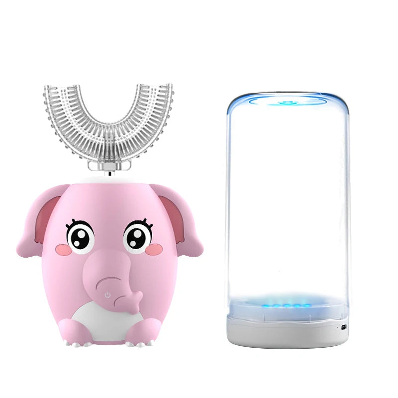 A pink elephant shaped electric toothbrush with a U-shaped head and a clear charging base emitting blue light.