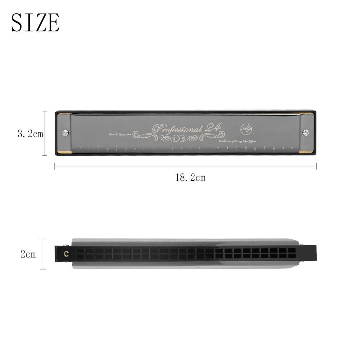 A professional 24-hole harmonica is shown with its dimensions, including a length of 18.2cm and a thickness of 2cm.