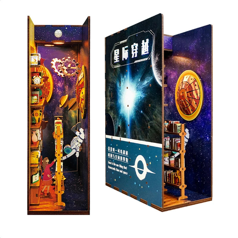 A DIY book nook kit featuring a detailed scene with LED lighting and a dust cover.