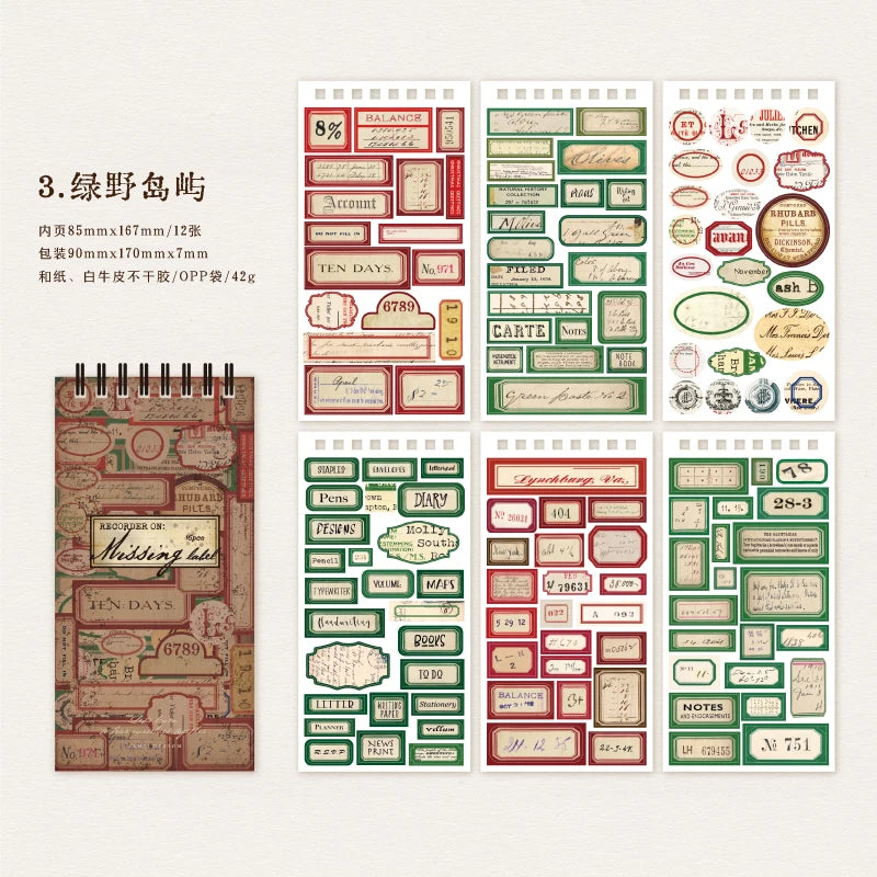A collection of vintage-style label stickers in various colors and designs for scrapbooking and journaling.