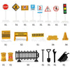A collection of various traffic signs, road closures, and construction equipment including stop signs, parking signs, warning
