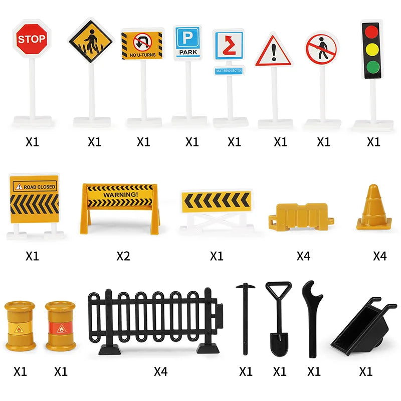 A collection of various traffic signs, road closures, and construction equipment including stop signs, parking signs, warning