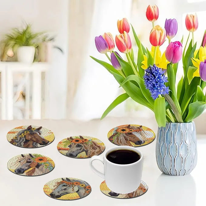 DIY Animal Diamond Painting Coaster Set with Wooden Base