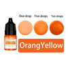 A set of orange-yellow liquid candle wax pigments shown in dropper bottles, demonstrating one, five, and ten drops.