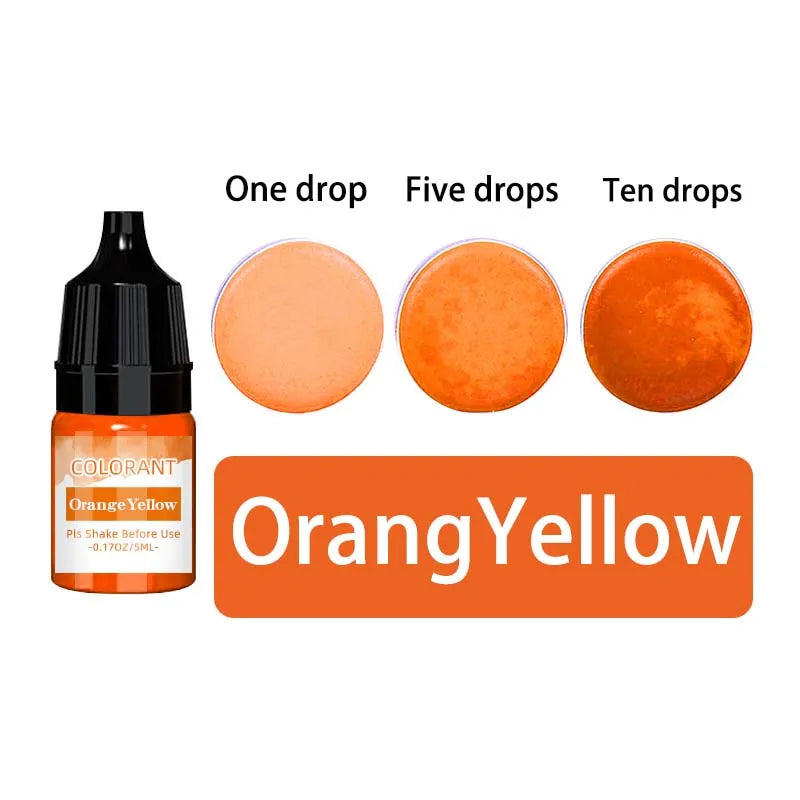 A set of orange-yellow liquid candle wax pigments shown in dropper bottles, demonstrating one, five, and ten drops.