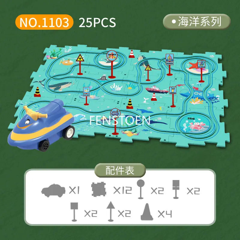 A jigsaw puzzle depicting a sea theme with various marine animals and railroad elements, labeled NO.1103 25PCS.